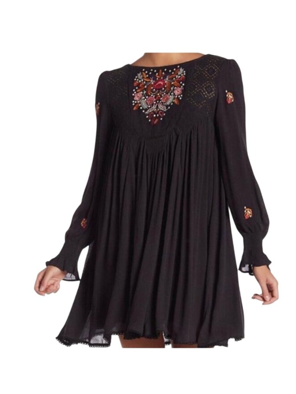 Free People Moya Mohave Black Embroidered Mini Dress Boho Style Long Sleeve